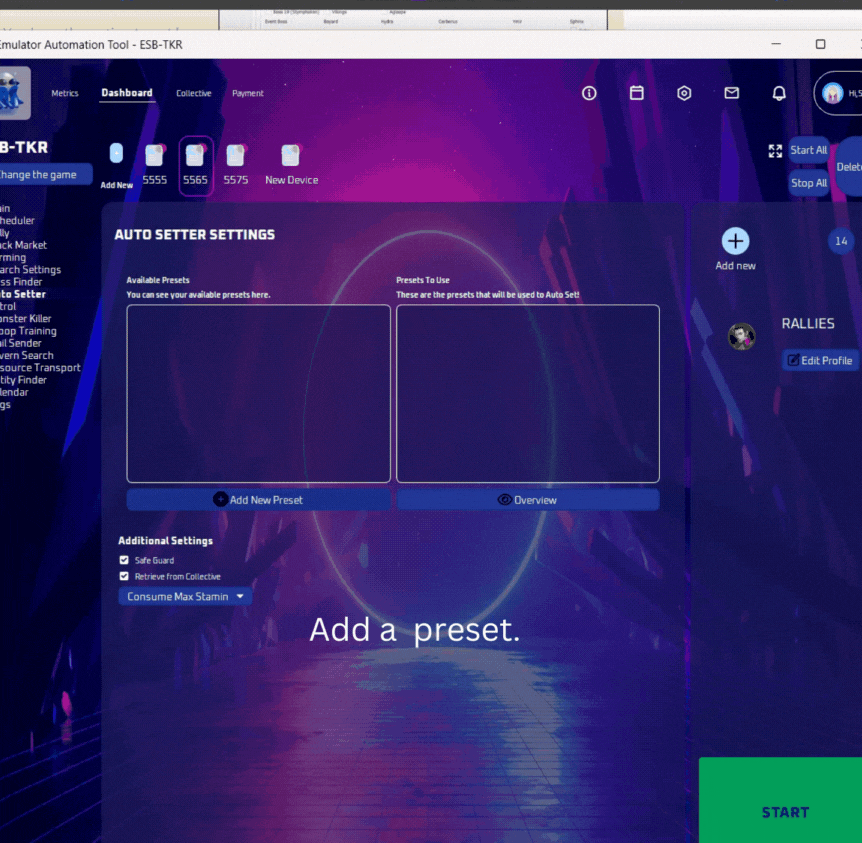 Selecting the collective key on the profile tab