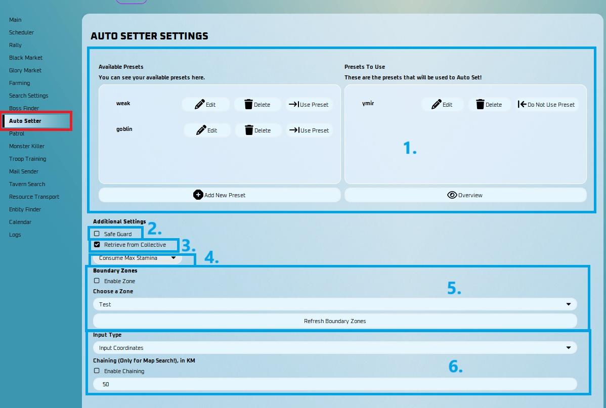 Auto Setter settings with numbered options