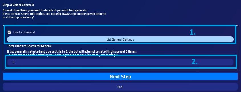 Preset settings, general selection