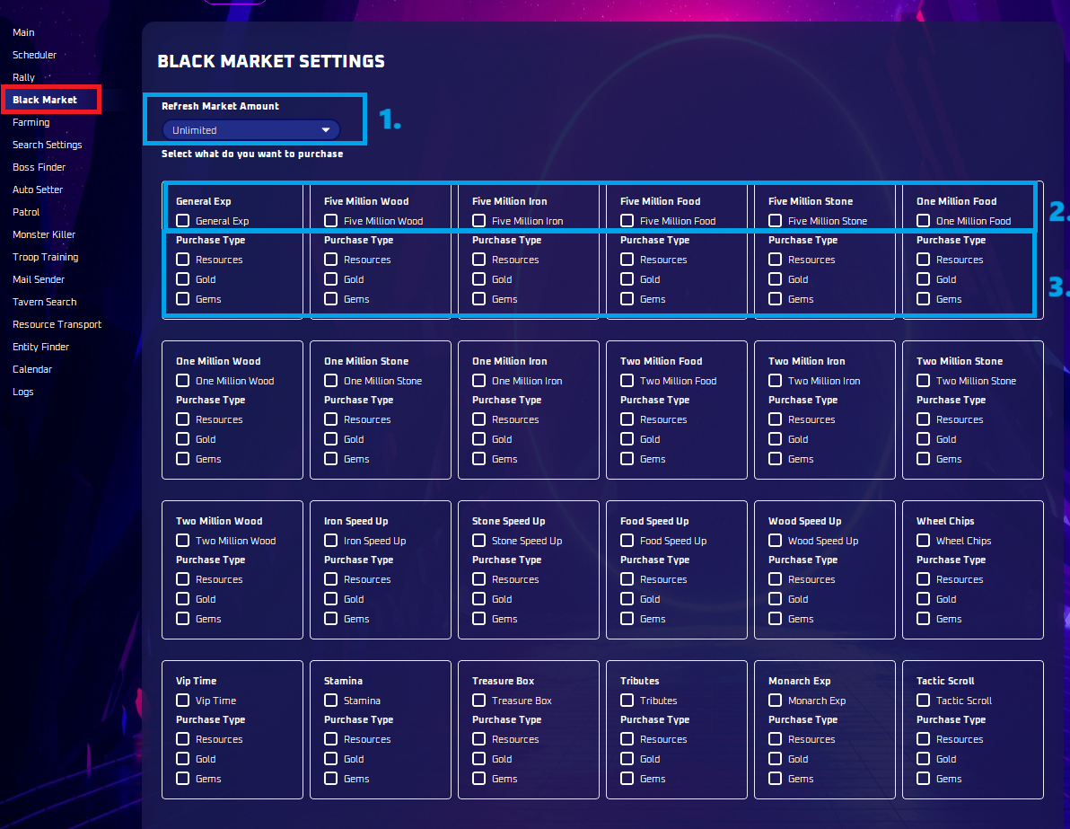 Black Market mode selected in the bot