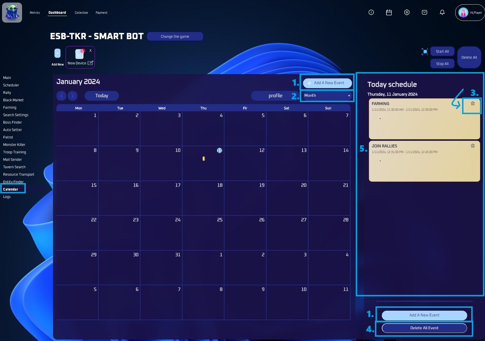 Calendar Settings tab with numbered sections