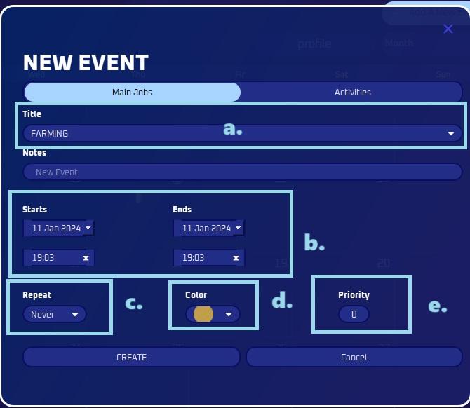 Add New Event dialog for Main Jobs