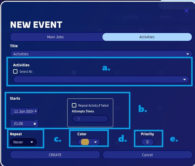 Add New Event dialog for Activities