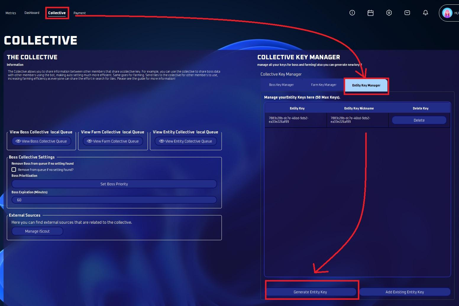 Collective Key Manager with the Entity Key Manager tab