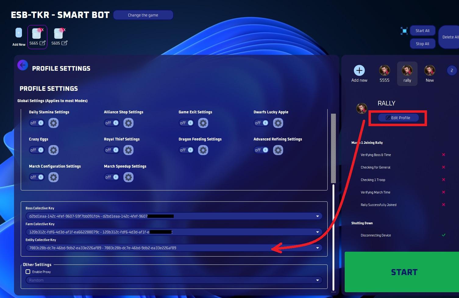 Profile tab with the entity key selected