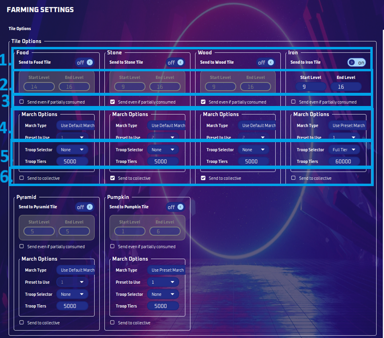 Farming settings with numbered options