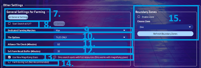 Farming settings, continued