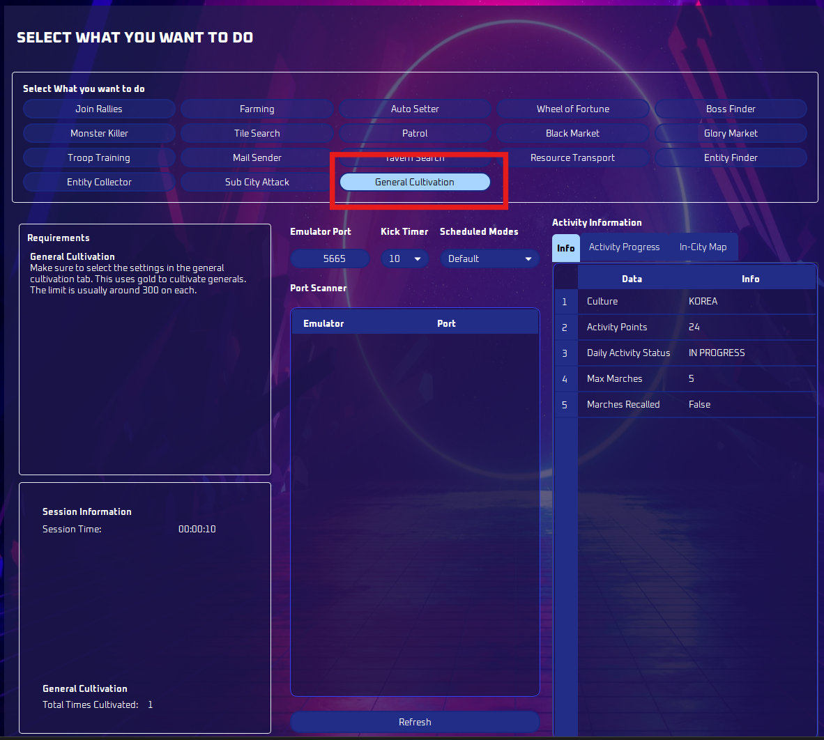 General Cultivation mode selected in the bot
