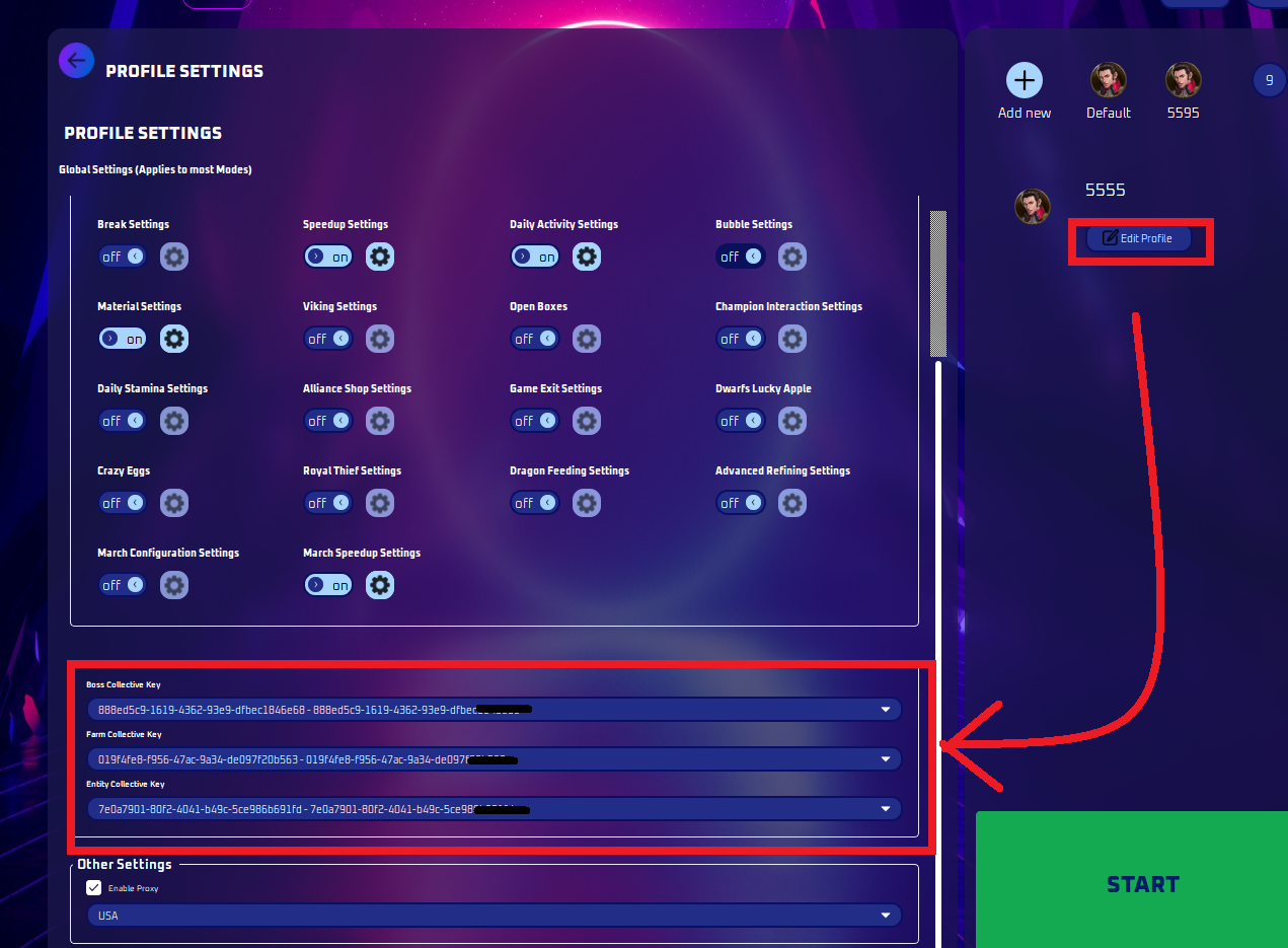 Collective key selected in the profile