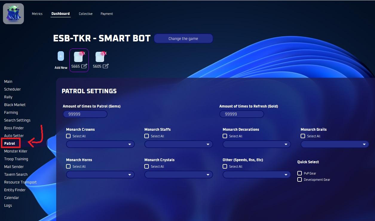 Patrol mode selected in the bot