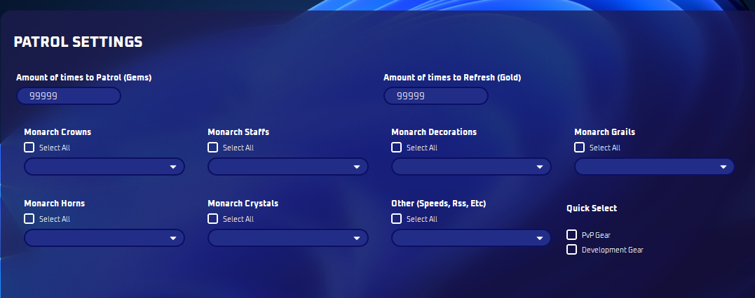 Patrol settings with selectable items