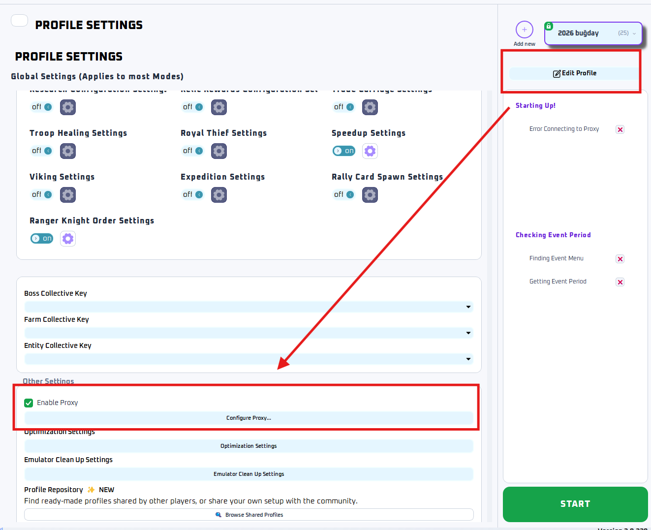 Proxy settings in the profile