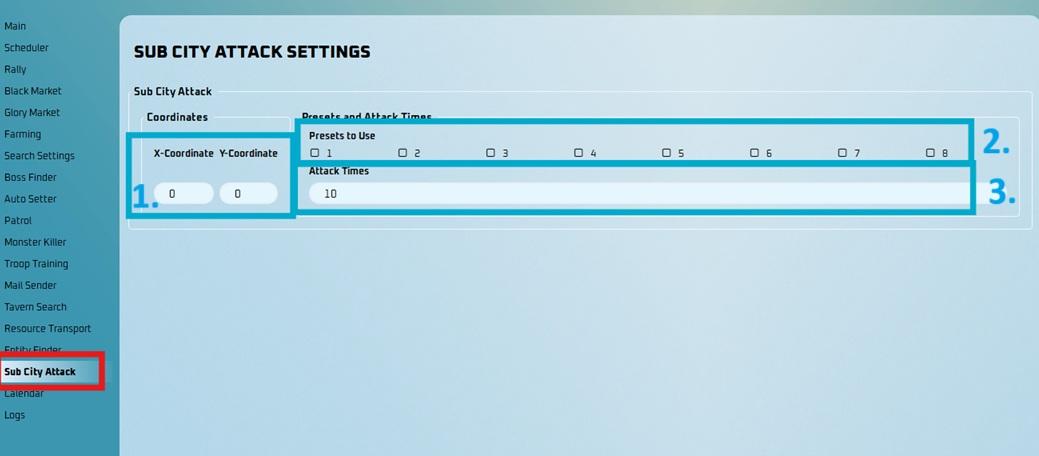 Sub City Attack settings tab