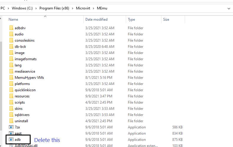 LD Player installation folder with the adb file