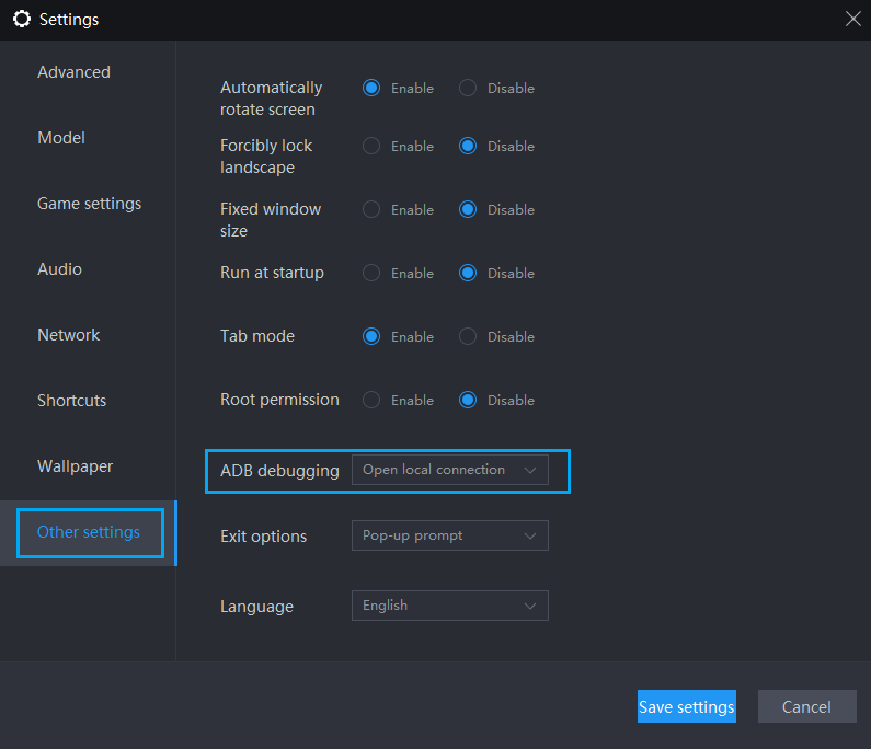 LD Player ADB debugging setting