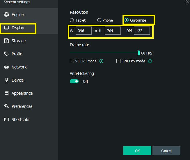 MEmu display settings