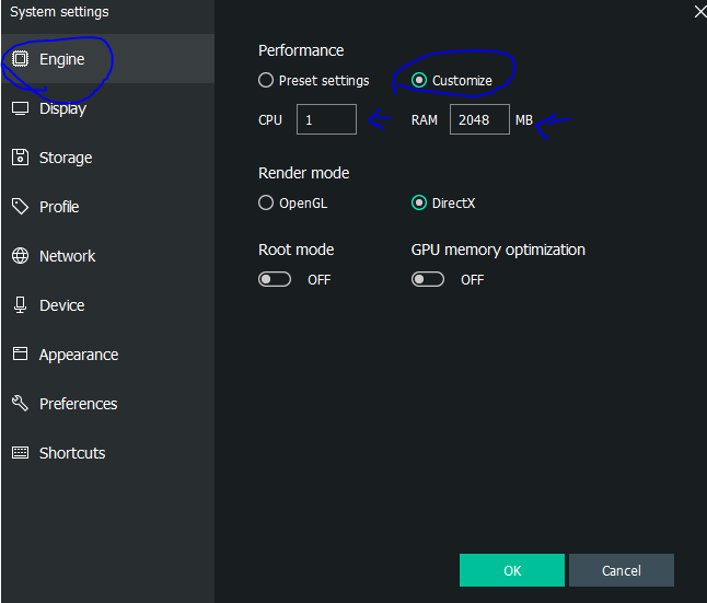 MEmu engine settings with CPU and RAM