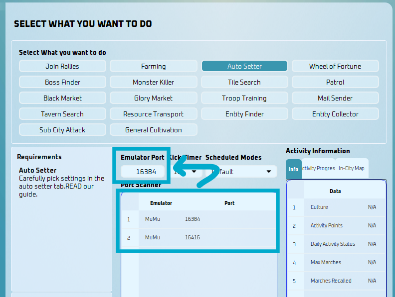ESB Start tab with the Emulator Port field and Port Scanner