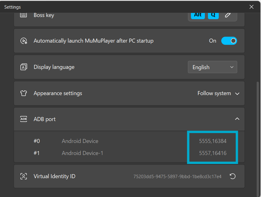 MuMu Player settings showing the ADB port