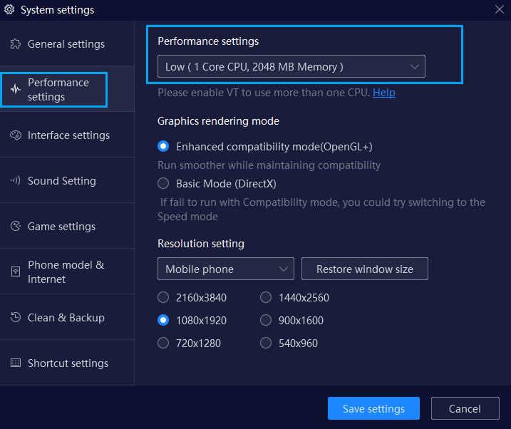 NOX performance settings set to Low