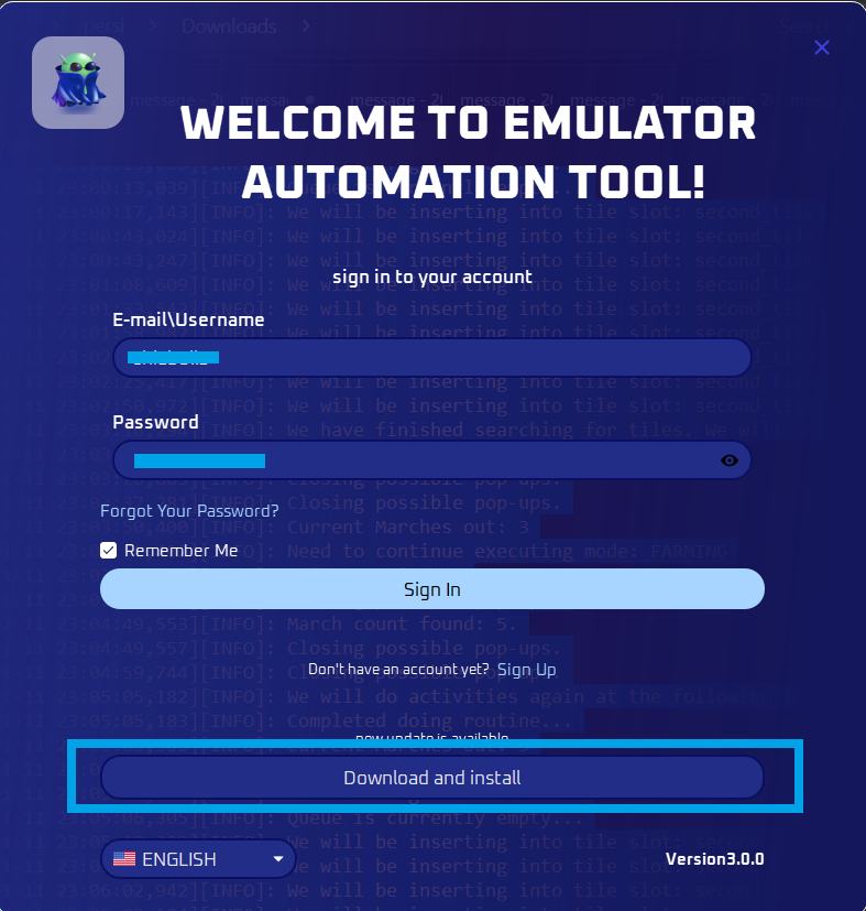 Update prompt with the Download and Install button