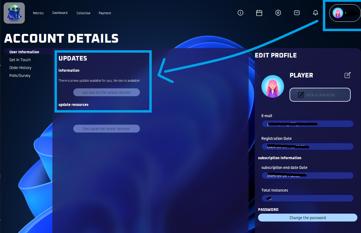 Check for updates option in the app