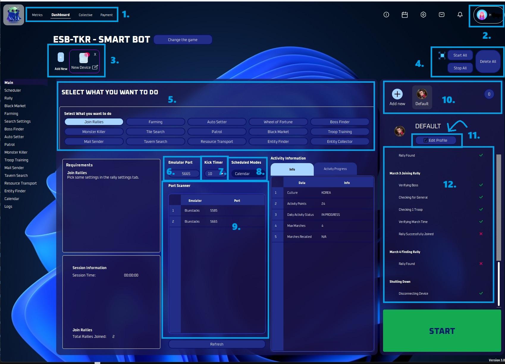 ESB main menu with numbered sections