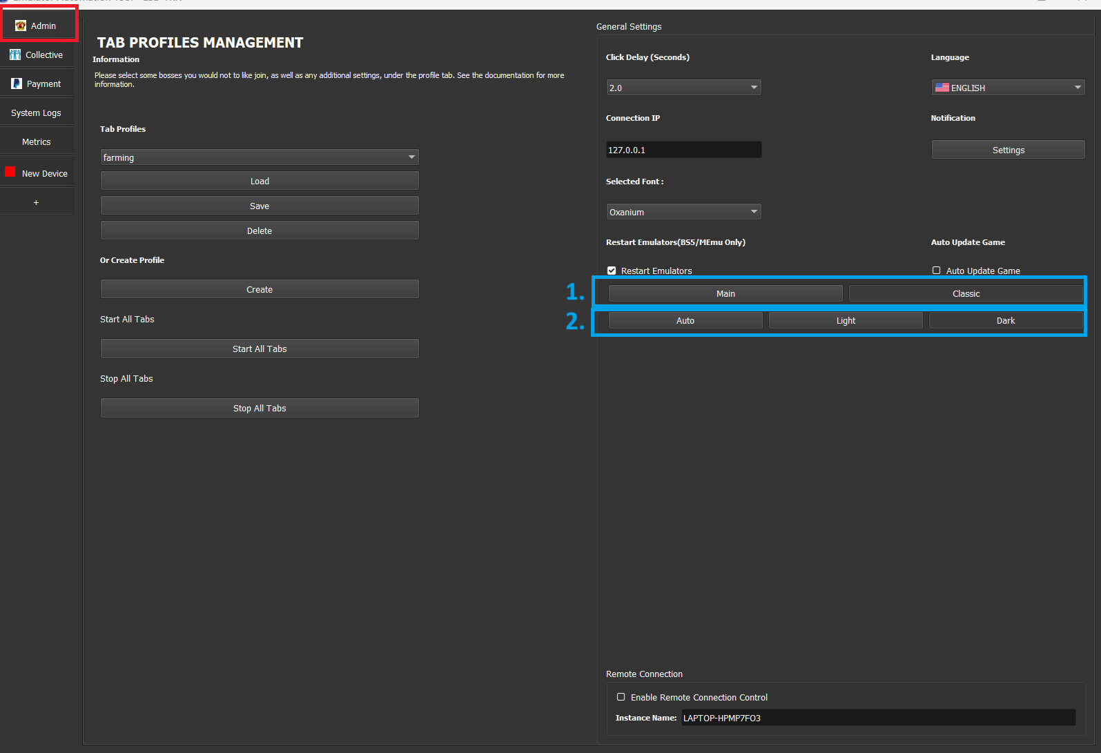Classic theme Admin tab with the Main button