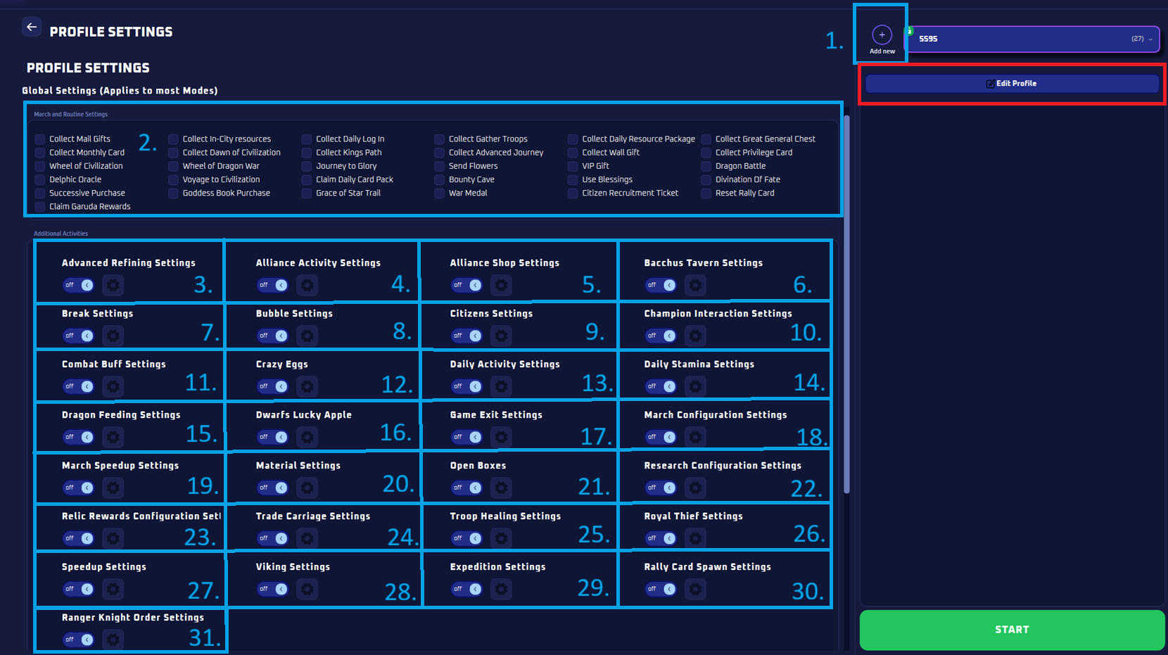 Profile tab with numbered settings