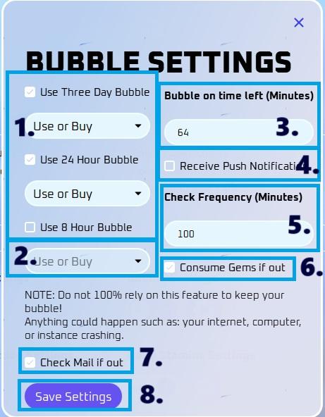 Bubble Settings dialog