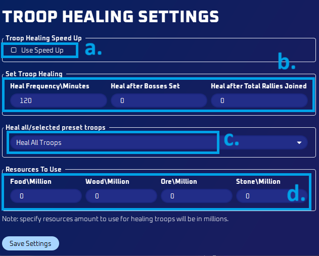 Troop Healing settings dialog
