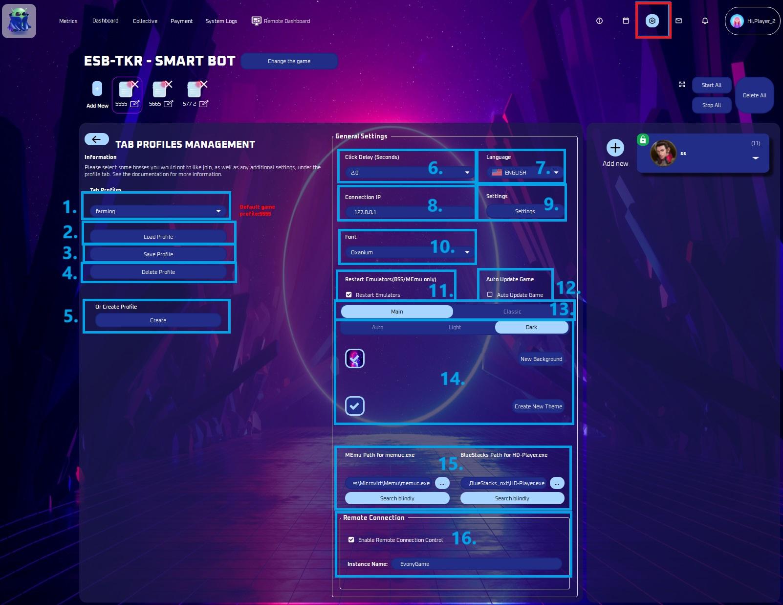 Tab Profile Management panel with numbered settings