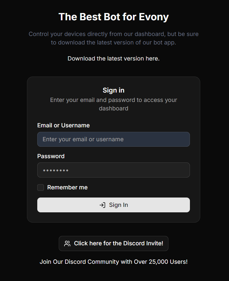 Remote dashboard login page