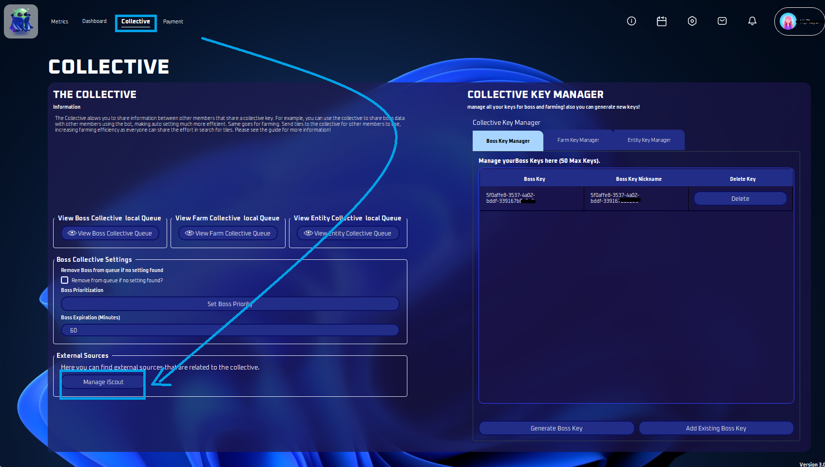 Collective page with the Manage iScout button