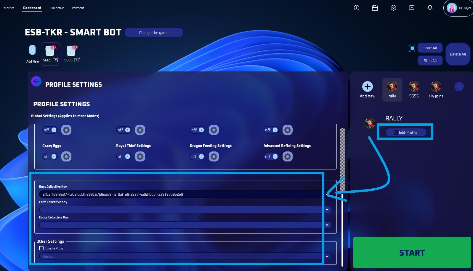 Collective key selected on the profile tab