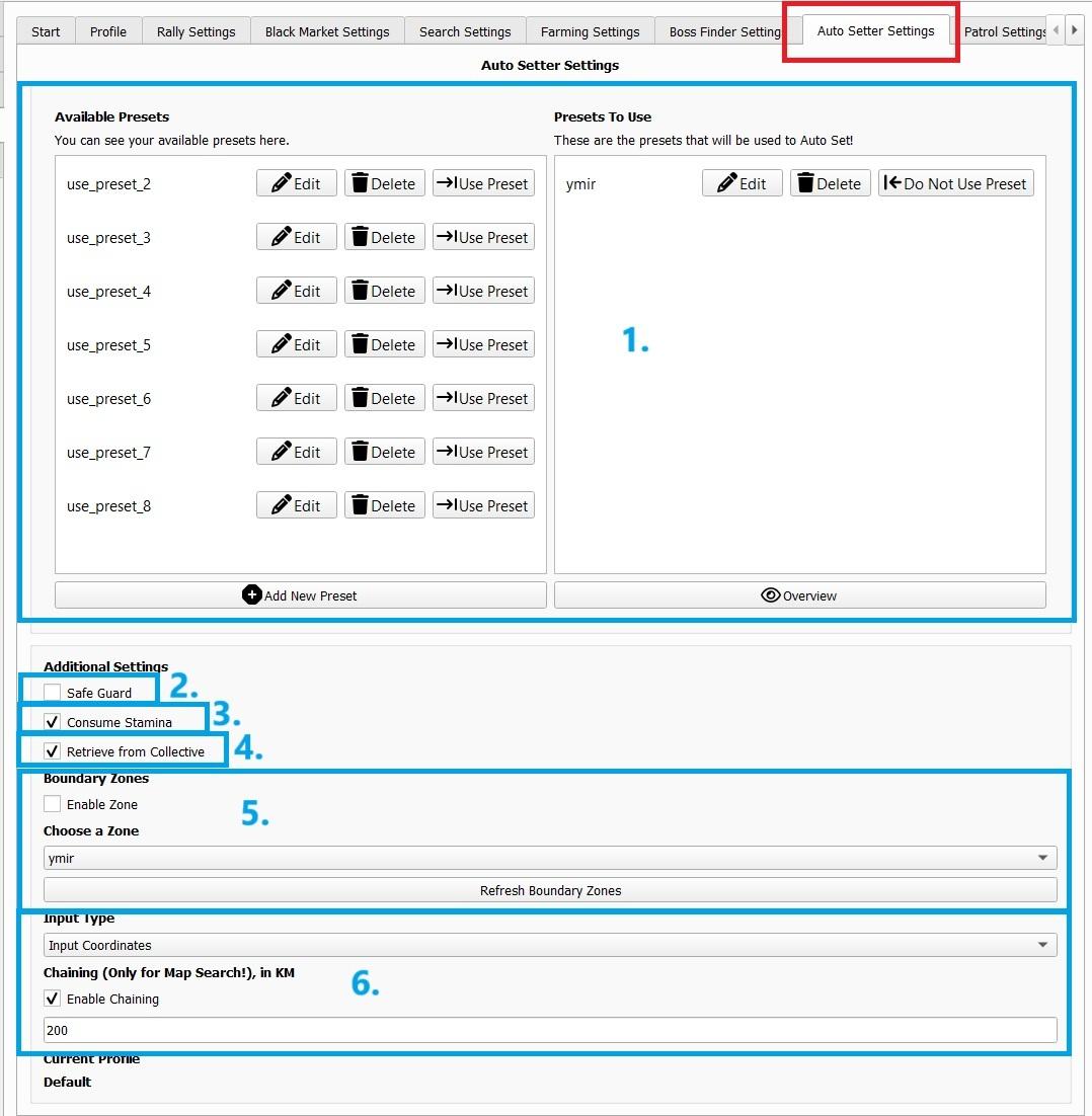 Auto Setter settings panel