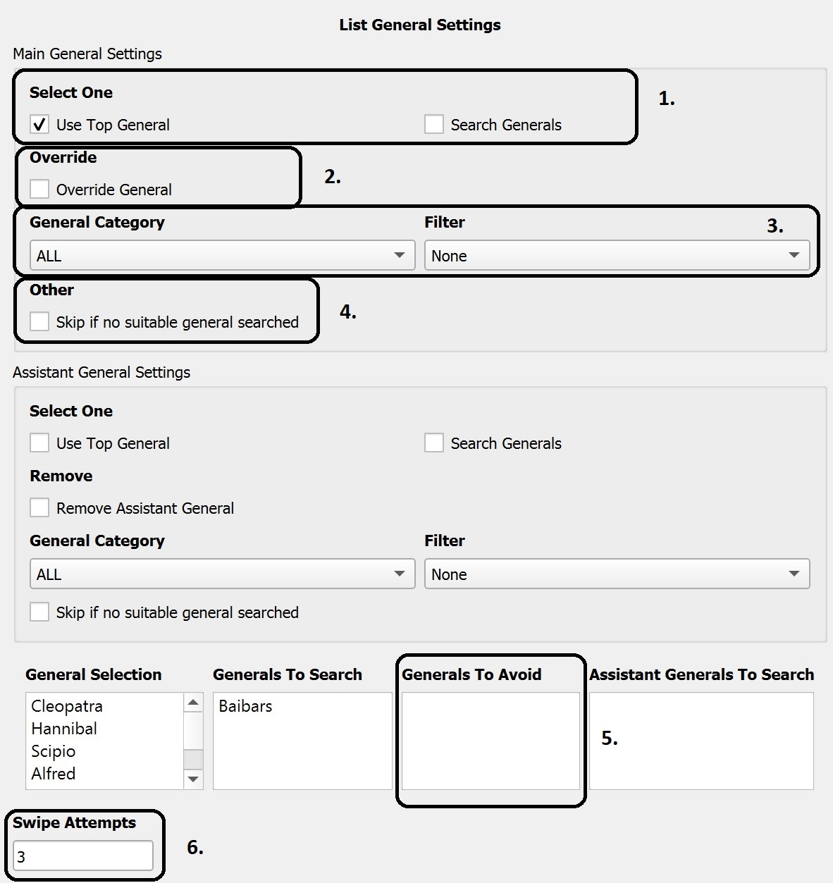 List General Settings window
