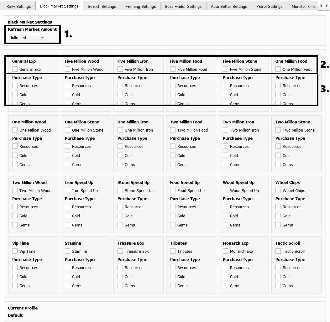 Black Market Settings tab