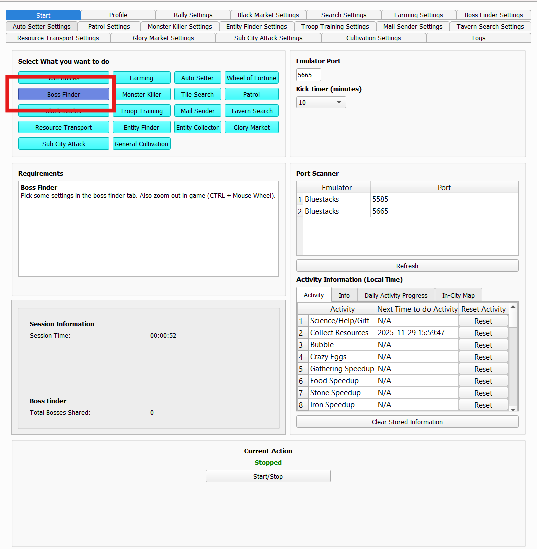 Start tab with Boss Finder mode selected