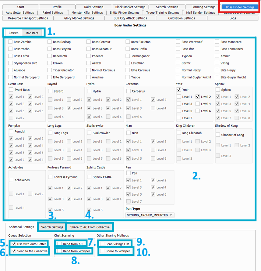 Boss Finder Settings tab