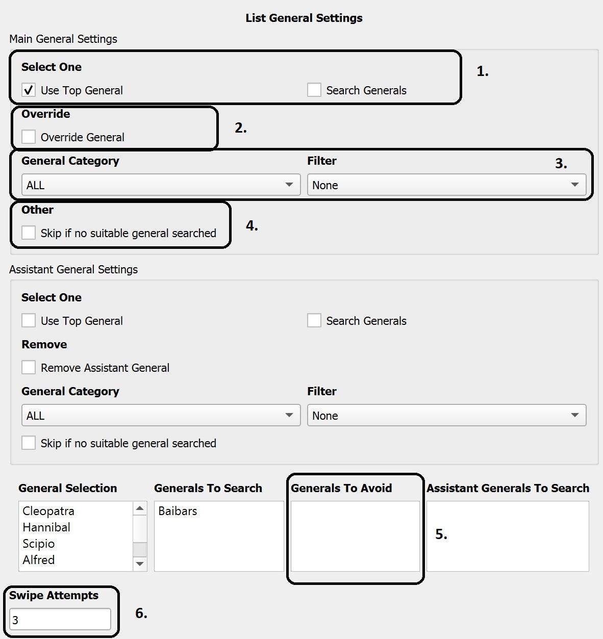 List General Settings window