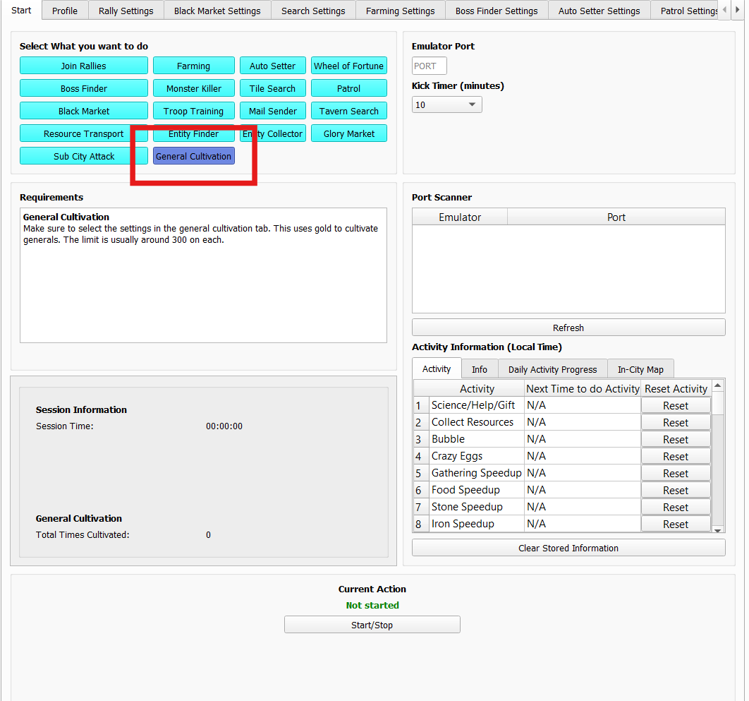 Start tab with General Cultivation mode selected