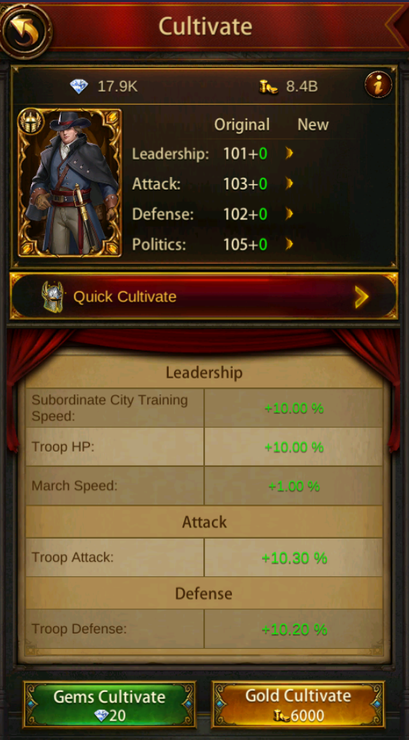 General Cultivation screen in the game