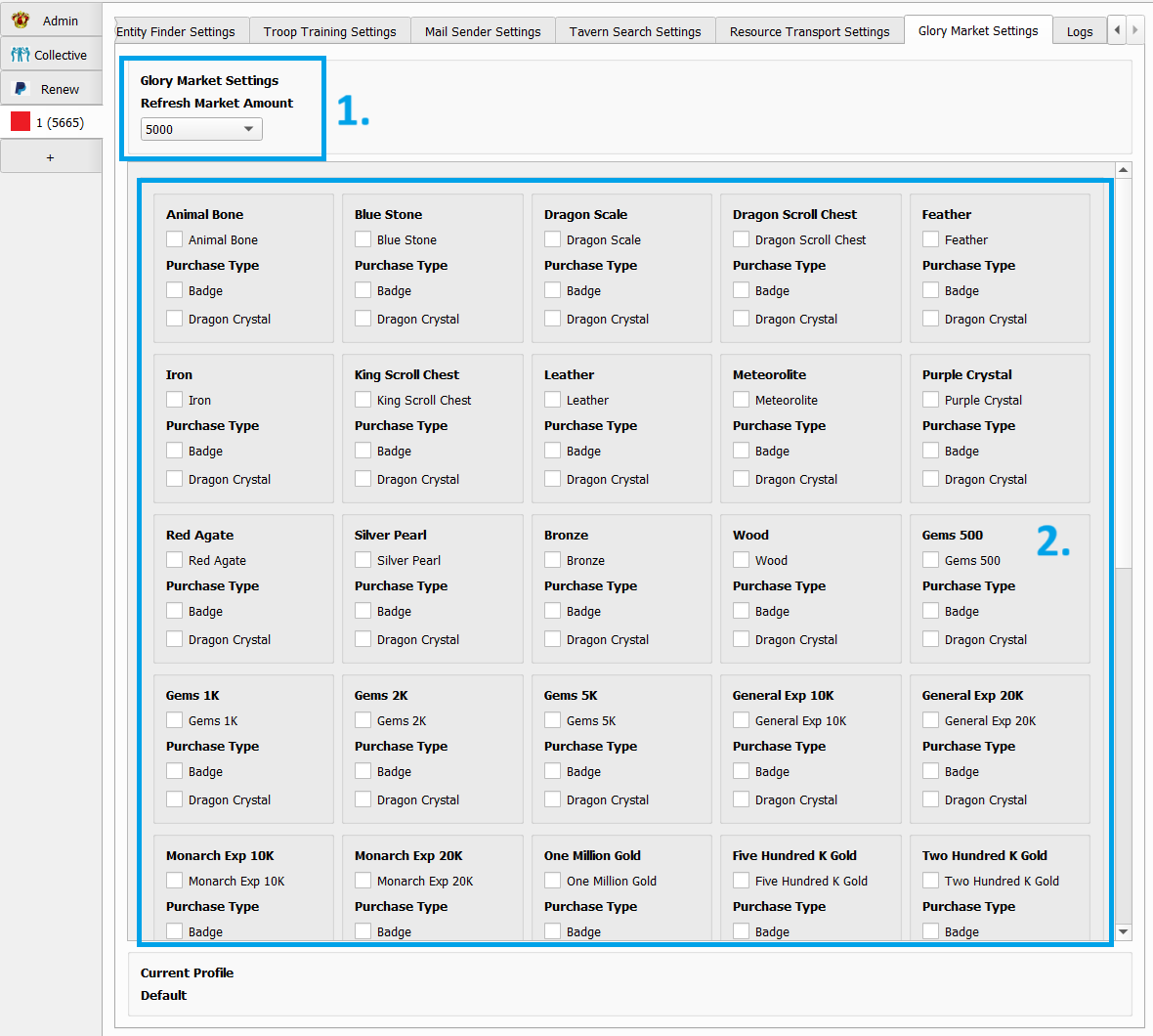 Glory Market Settings