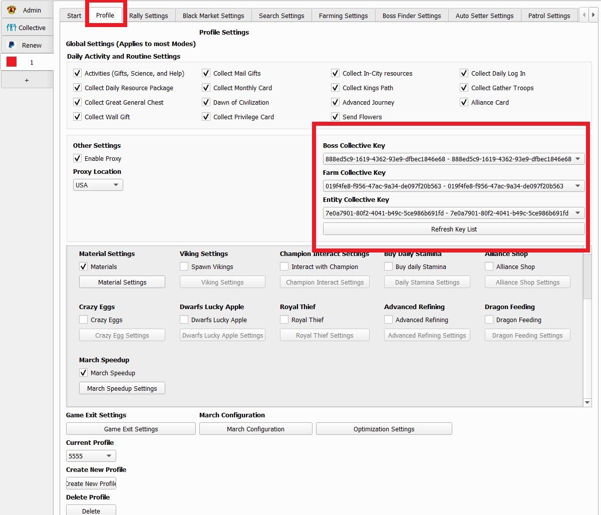 Collective key selection on the profile tab