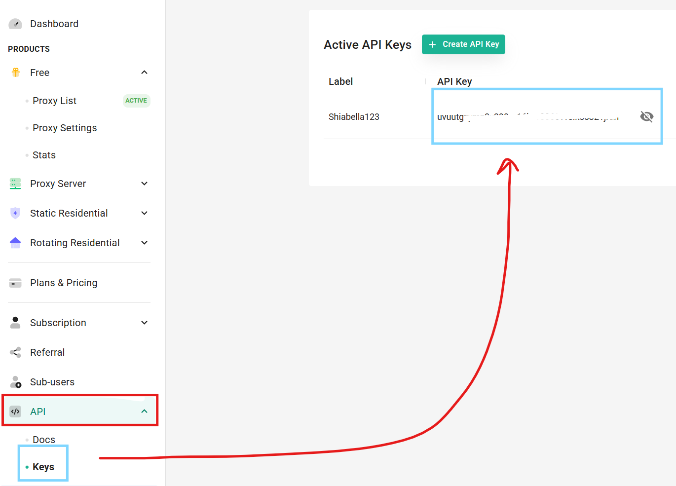 Webshare dashboard showing the API Keys page