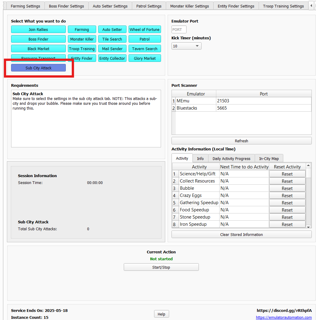 Start tab with Sub City Attack mode selected