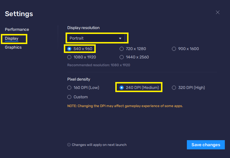 Bluestacks display settings