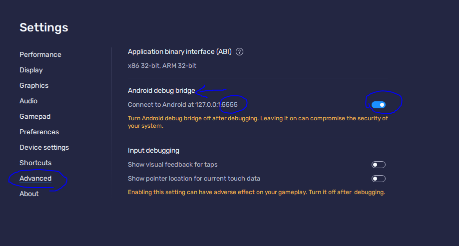 Bluestacks advanced settings with Android Debug Bridge enabled