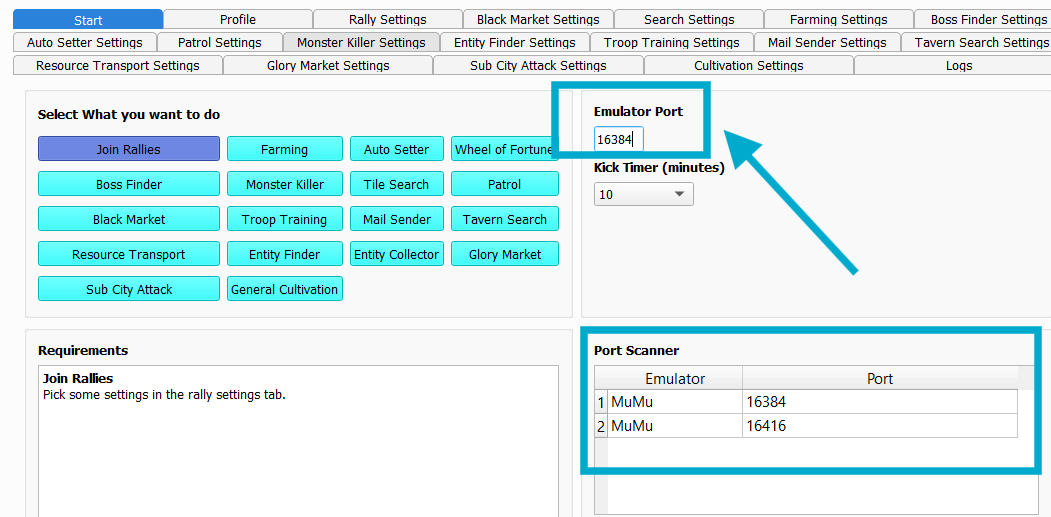 Bot Start tab with the Emulator Port field and Port Scanner